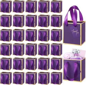 Yeaqee 50 Pcs Mini Metallic Paper Gift Bags with Handles 4x2.75x4.5'' Tiny Small Gift Bags with Thank You Tag for Wedding Favor Mother's Day Graduation Birthday Welcome Return Gifts(Dark Purple, Gold)