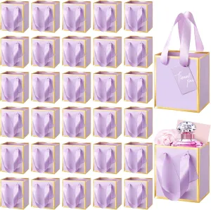 Yeaqee 50 Pcs Mini Metallic Paper Gift Bags with Handles 4x2.75x4.5'' Tiny Small Gift Bags with Thank You Tag for Wedding Favor Mother's Day Graduation Birthday Welcome Return Gifts(Lavender, Gold)