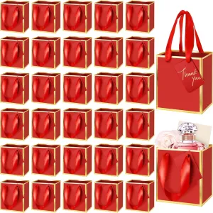 Yeaqee 50 Pcs Mini Metallic Paper Gift Bags with Handles 4x2.75x4.5'' Tiny Small Gift Bags with Thank You Tag for Wedding Favor Mother's Day Graduation Birthday Welcome Return Gifts(Red, Gold)