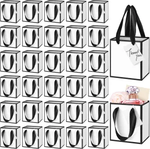 Yeaqee 50 Pcs Mini Metallic Paper Gift Bags with Handles 4x2.75x4.5'' Tiny Small Gift Bags with Thank You Tag for Wedding Favor Mother's Day Graduation Birthday Welcome Return Gifts(White, Black)