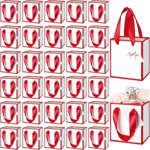 Yeaqee 50 Pcs Mini Metallic Paper Gift Bags with Handles 4x2.75x4.5'' Tiny Small Gift Bags with Thank You Tag for Wedding Favor Mother's Day Graduation Birthday Welcome Return Gifts(White, Deep Red)
