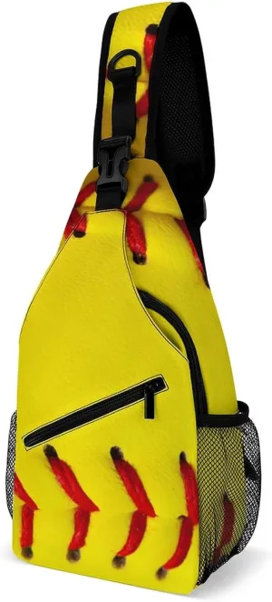 Yellow Softball Sling Bag Crossbody for Women Men Lightweight Adjustable Extender Strap Red Stitching Shoulder Backpack with Water Bottle Holder Casual Daypack for Hiking Travel