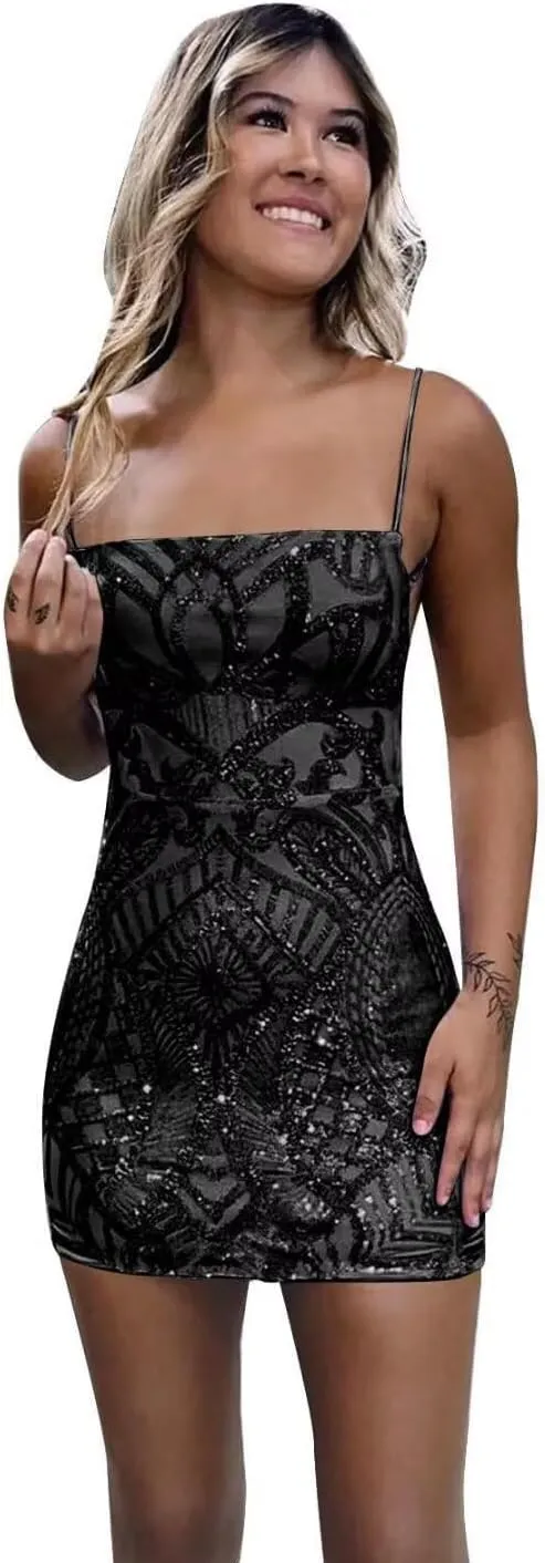YMSHA Women's Spaghetti Straps Sequin Homecoming Dresses for Teens Tight Short Cocktail Party Dress YMS199