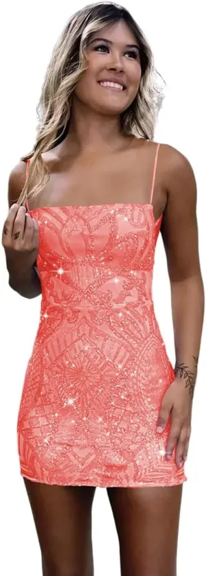 YMSHA Women's Spaghetti Straps Sequin Homecoming Dresses for Teens Tight Short Cocktail Party Dress YMS199