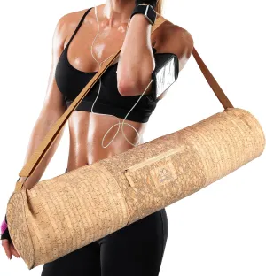 Yoga Mat Bag | Cork Yoga Mat Carrier with Pockets | Carrying Bag w/Full Zipper Fits Mats up to 29" Wide | Yoga Accessories | Gold Satin Lining