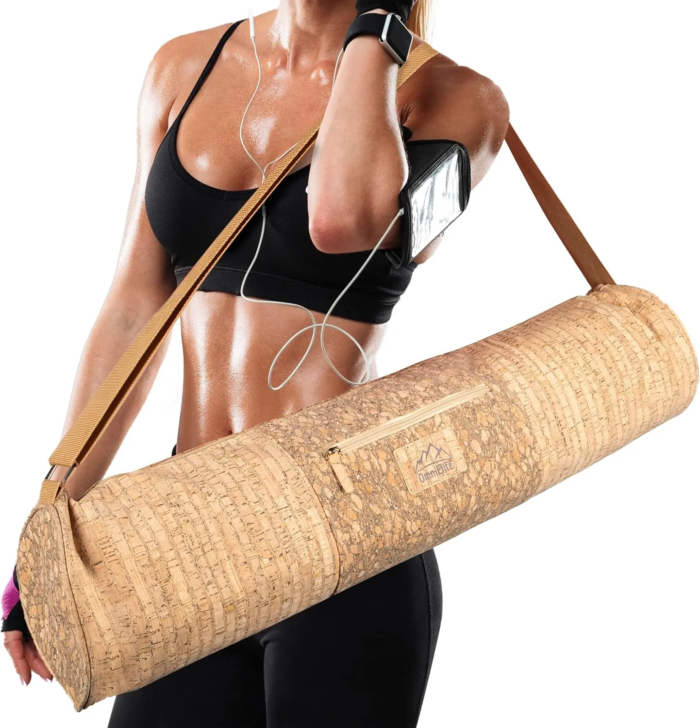 Yoga Mat Bag | Cork Yoga Mat Carrier with Pockets | Carrying Bag w/Full Zipper Fits Mats up to 29" Wide | Yoga Accessories | Gold Satin Lining