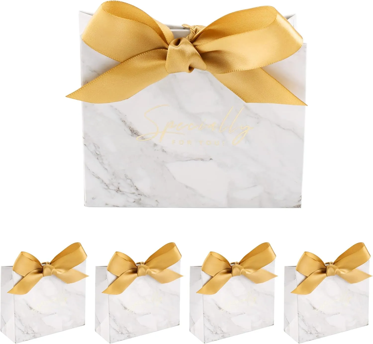 Yoption 50 Pcs Wedding Party Favor Boxes, Small Thank You Gift Bags Candy Boxes with Gold Bow Ribbon Wedding Bridal Shower Birthday Party (Marble)
