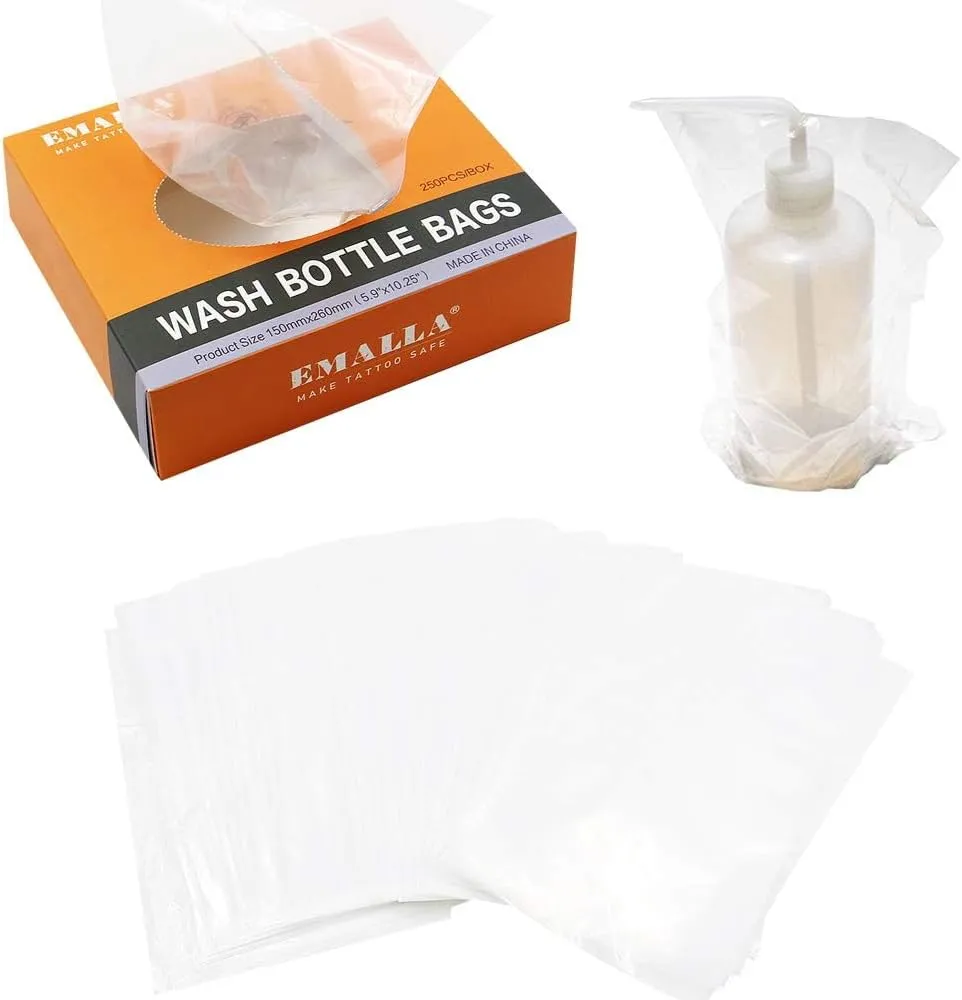 Yuelong Tattoo Wash Bottle with Bags Kit, 2Pcs 250ml Squeeze Washing Tools and 250pcs Tattoo Bottles Covers Water Squirt Bottle with Scale Labels for Medical Label Tattooing Supplies