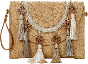 YYW Straw Handbag Straw Clutch Straw Shoulder Bag for Women Summer Beach Cruising Envelope Clutch Raffia Bag