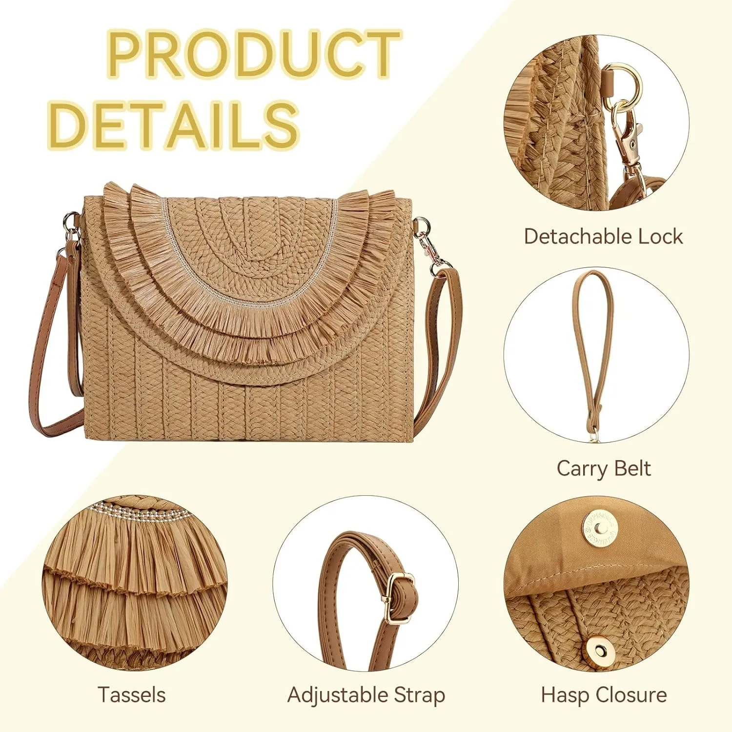 YYW Straw Handbag Straw Clutch Straw Shoulder Bag for Women Summer Beach Cruising Envelope Clutch Raffia Bag
