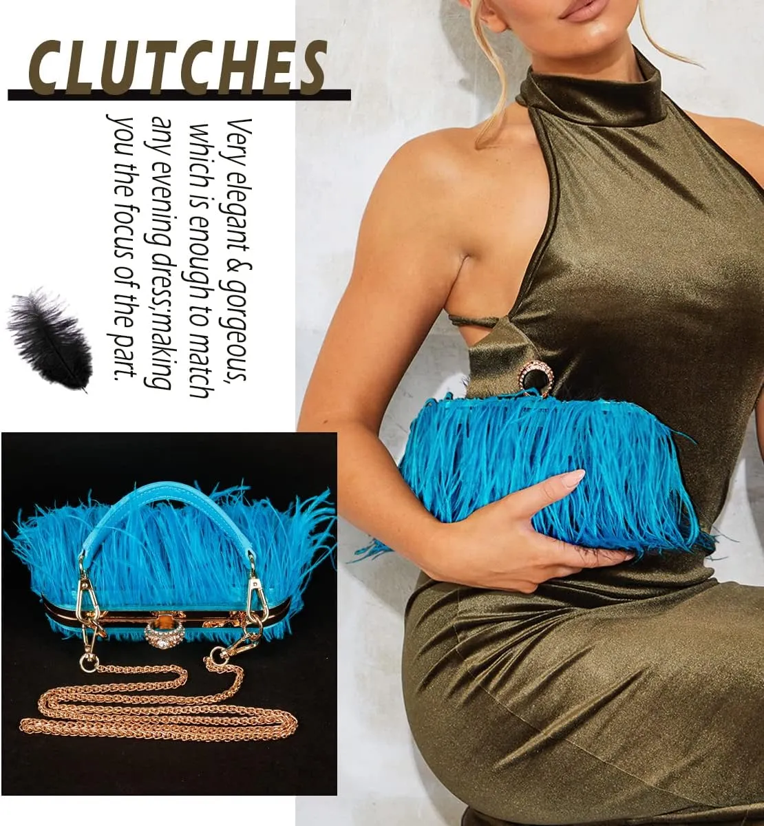 ZAKIA Women's Real Natural Ostrich Feather Tote Evening Dress Bag Shoulder Bag Party Money Bag Wallet Clutch
