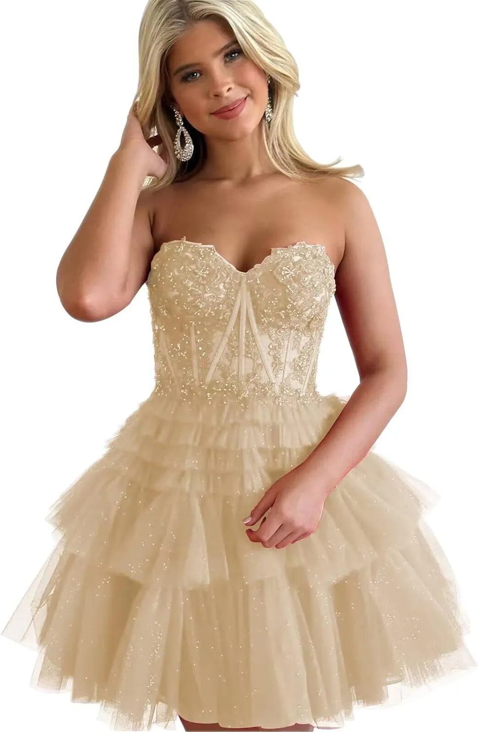 zcbang Short Homecoming Dresses for Teens 2024 Sparkly LaceTulle Stapless Mini Cocktail Gown