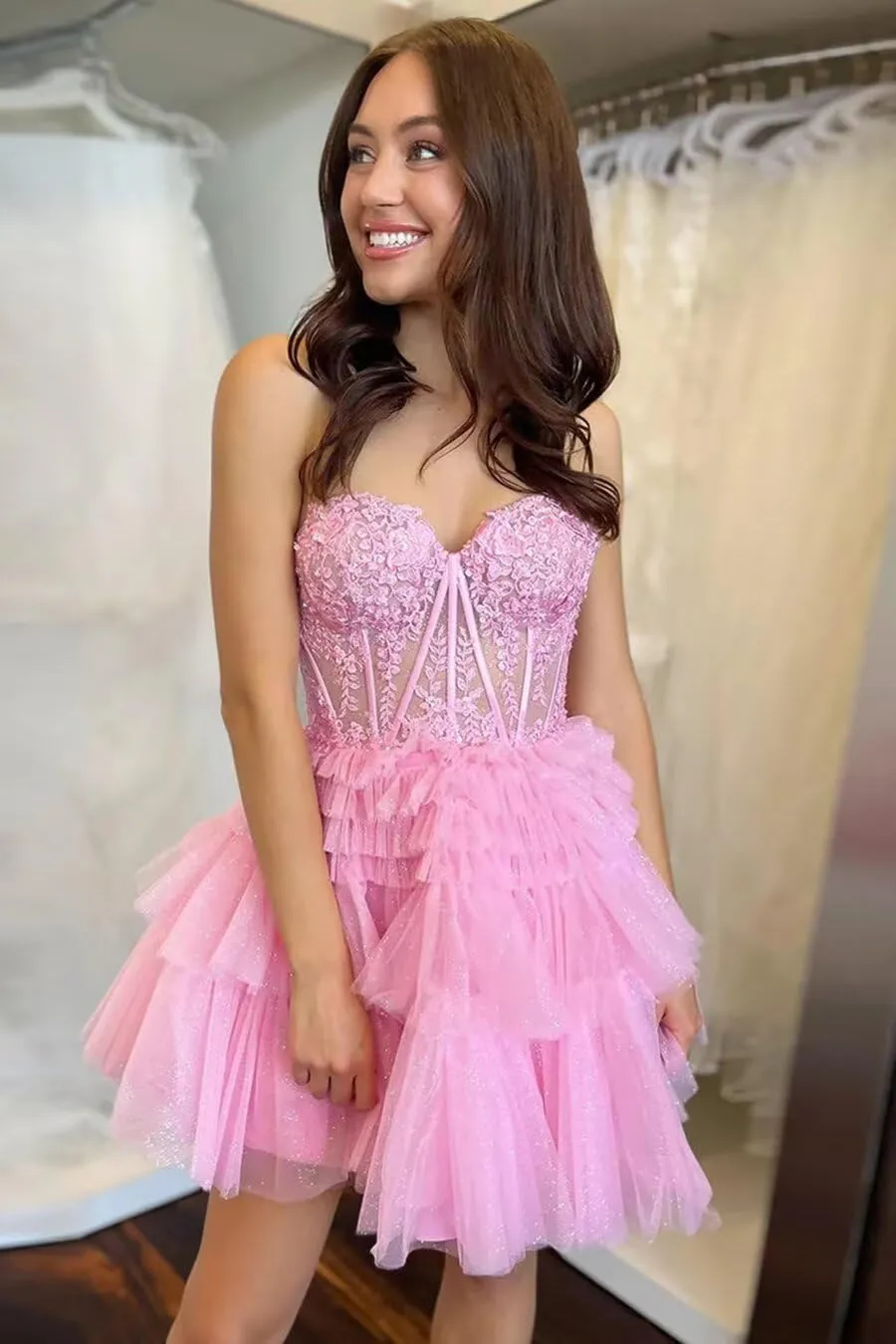 zcbang Short Homecoming Dresses for Teens 2024 Sparkly LaceTulle Stapless Mini Cocktail Gown