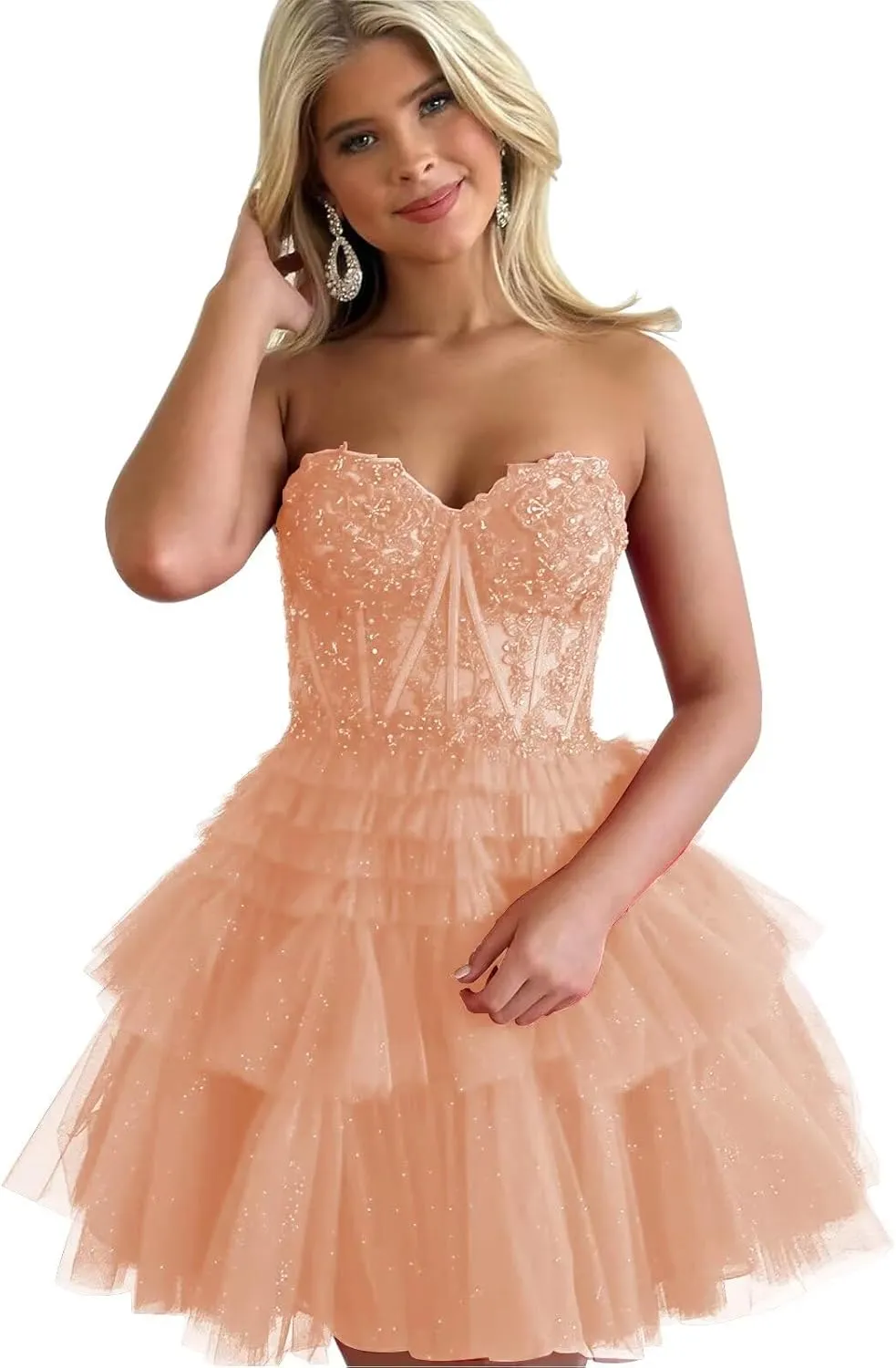 zcbang Short Homecoming Dresses for Teens 2024 Sparkly LaceTulle Stapless Mini Cocktail Gown
