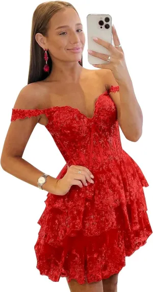 Zoghoo Sequin Lace Homecoming Dresses for Teens Tiered Short Prom Dress Off The Shoulder Cocktail Gown