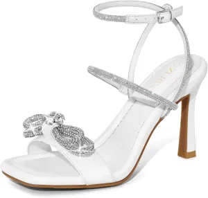 ZURIN Women's Rhinestone Bow Heels Square Toe Strappy Heeled Sandals Sparkle Stiletto High Heels Dress Party Evening Prom Crystal Shoes