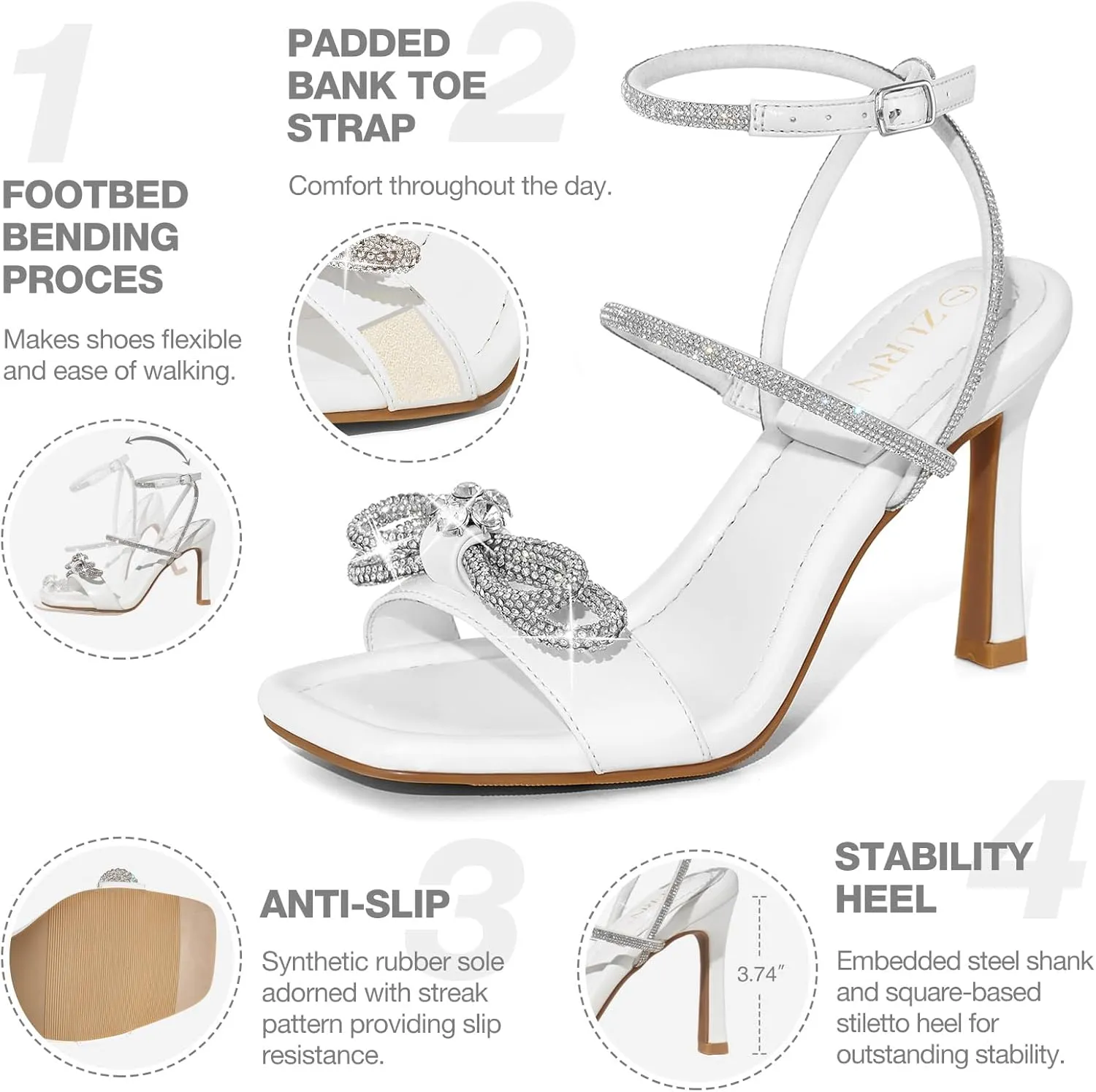 ZURIN Women's Rhinestone Bow Heels Square Toe Strappy Heeled Sandals Sparkle Stiletto High Heels Dress Party Evening Prom Crystal Shoes