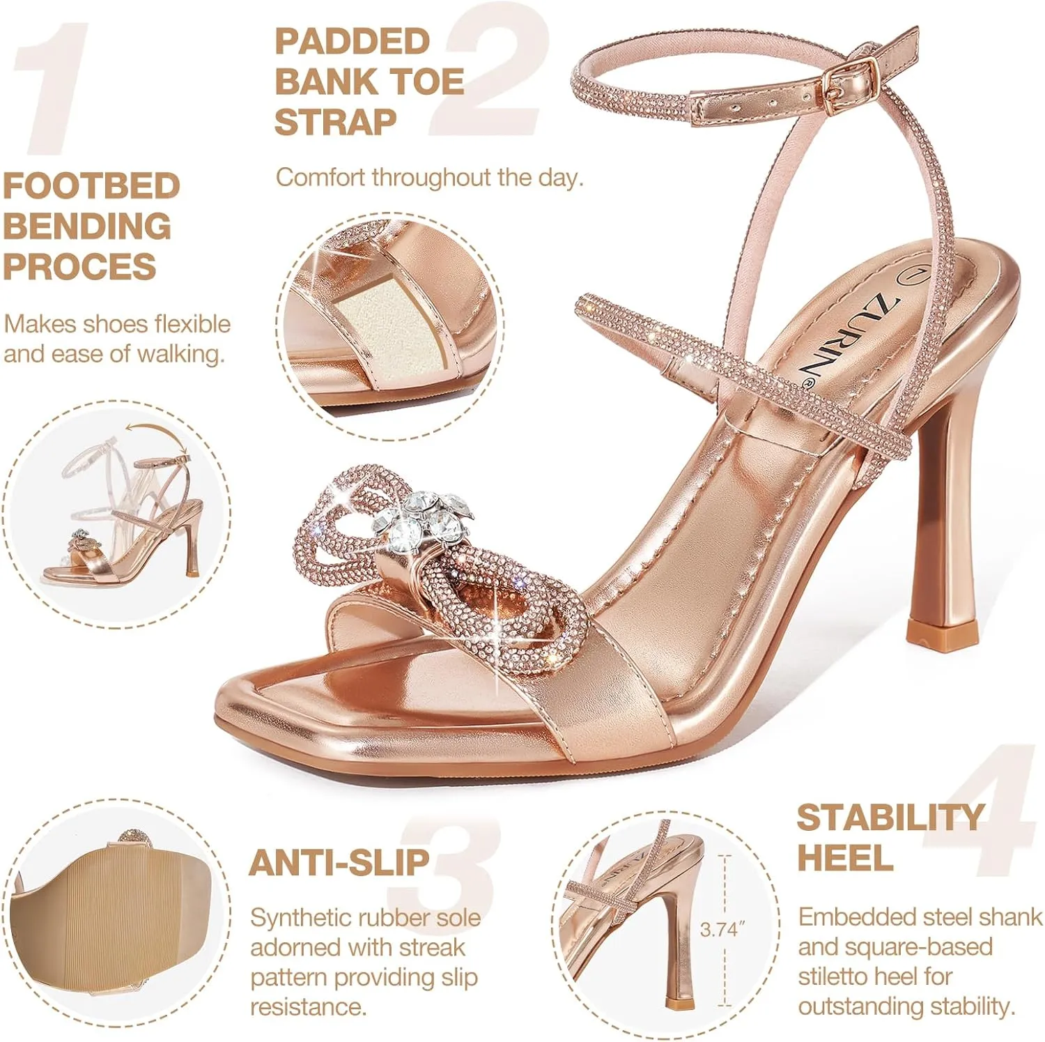 ZURIN Women's Rhinestone Bow Heels Square Toe Strappy Heeled Sandals Sparkle Stiletto High Heels Dress Party Evening Prom Crystal Shoes
