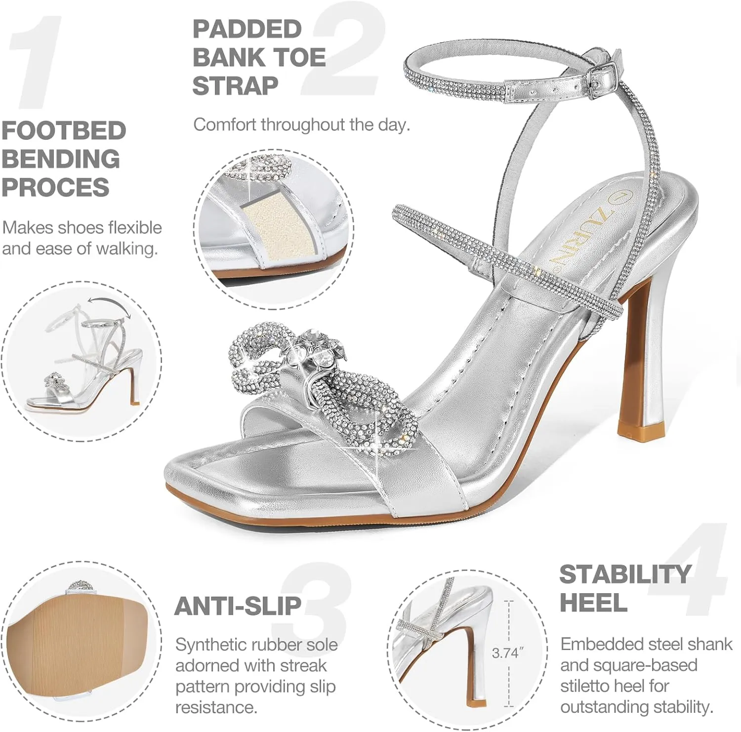 ZURIN Women's Rhinestone Bow Heels Square Toe Strappy Heeled Sandals Sparkle Stiletto High Heels Dress Party Evening Prom Crystal Shoes