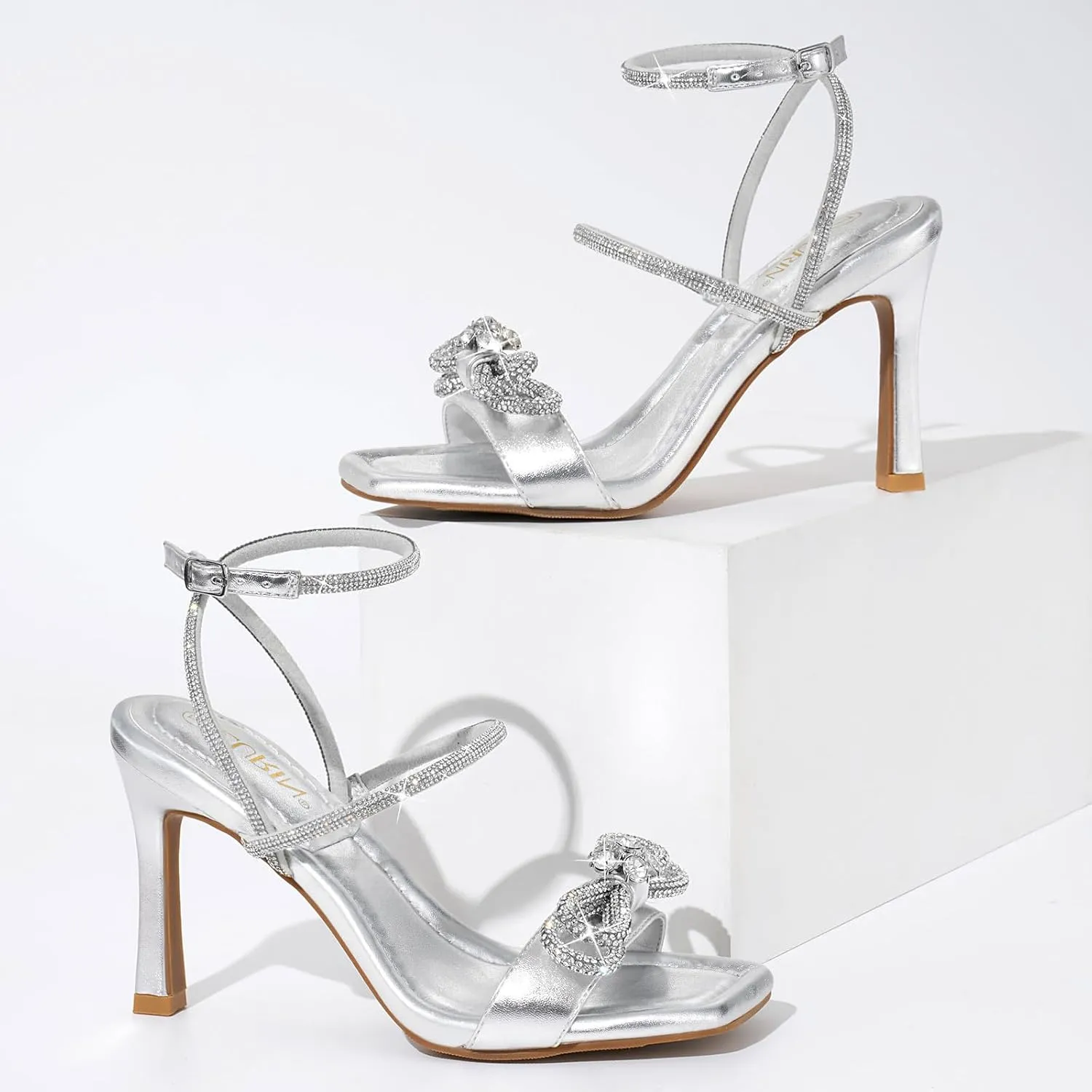 ZURIN Women's Rhinestone Bow Heels Square Toe Strappy Heeled Sandals Sparkle Stiletto High Heels Dress Party Evening Prom Crystal Shoes