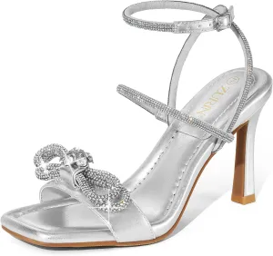 ZURIN Women's Rhinestone Bow Heels Square Toe Strappy Heeled Sandals Sparkle Stiletto High Heels Dress Party Evening Prom Crystal Shoes