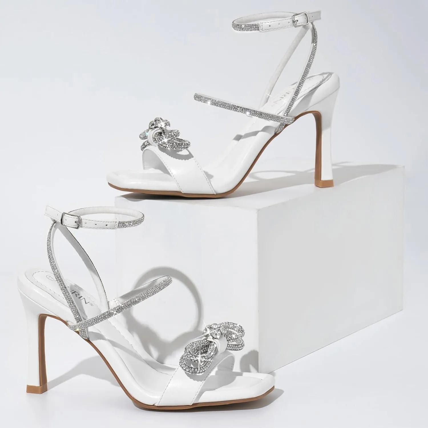 ZURIN Women's Rhinestone Bow Heels Square Toe Strappy Heeled Sandals Sparkle Stiletto High Heels Dress Party Evening Prom Crystal Shoes