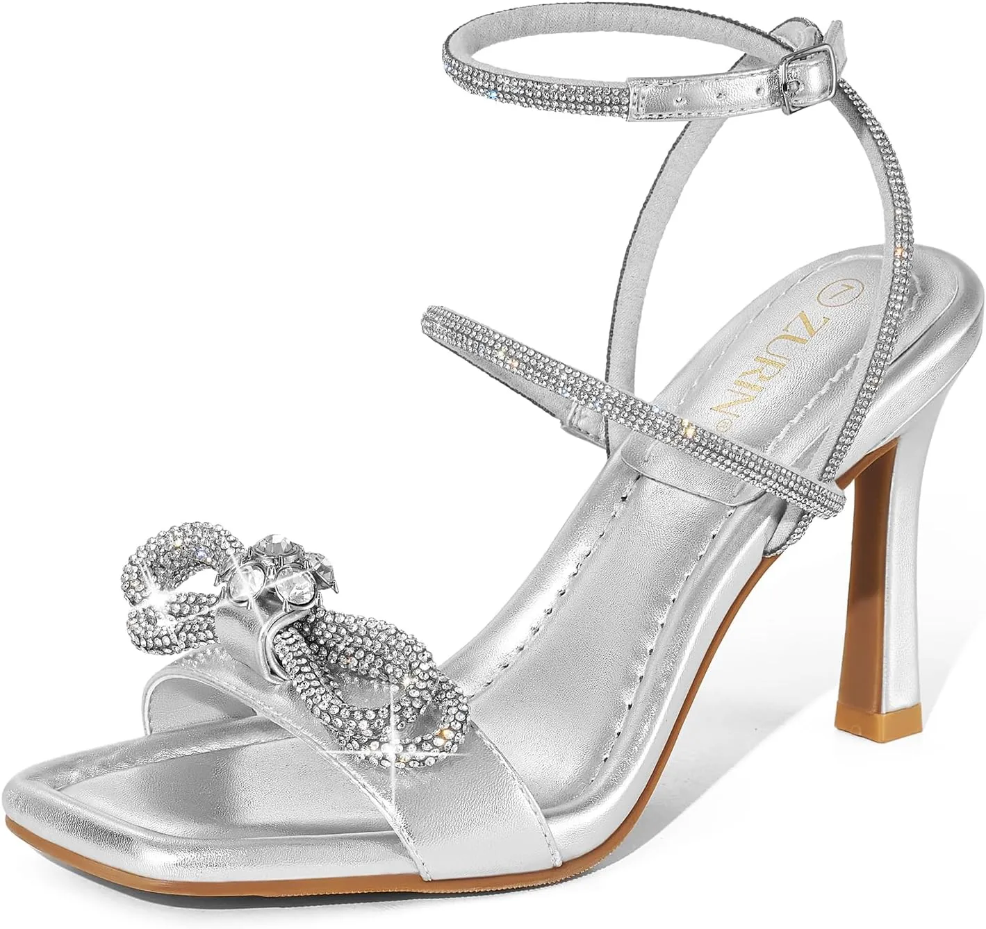 ZURIN Women's Rhinestone Bow Heels Square Toe Strappy Heeled Sandals Sparkle Stiletto High Heels Dress Party Evening Prom Crystal Shoes